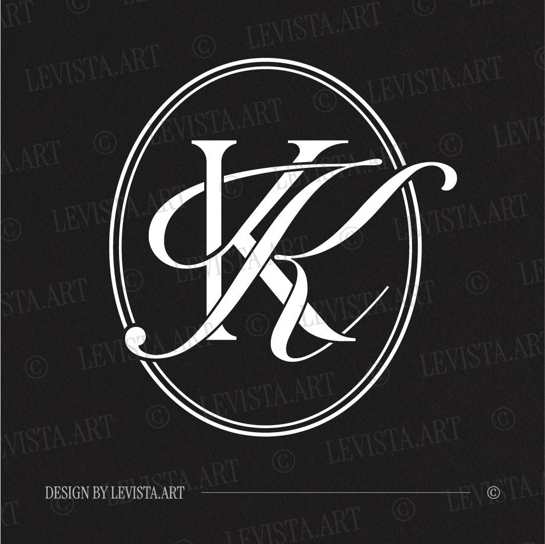 White KK initials design as modern minimalist interlocking letter logo on black background for sophisticated wedding stationery suite, gobo projections and floor wrap