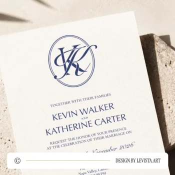 Navy blue KK wedding monogram with semi-bold interlocking letters as premium modern initials logo design with couple names on an invitation card lying on a light brown sandstone for luxury stationery, invites, mailing and décor
