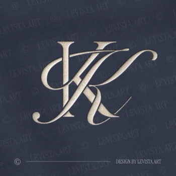 Silver KK letter logo as refined initials design in modern minimalist style on a dark blue background for premium wedding stationery suite, wax seals, embossing and foil stamping