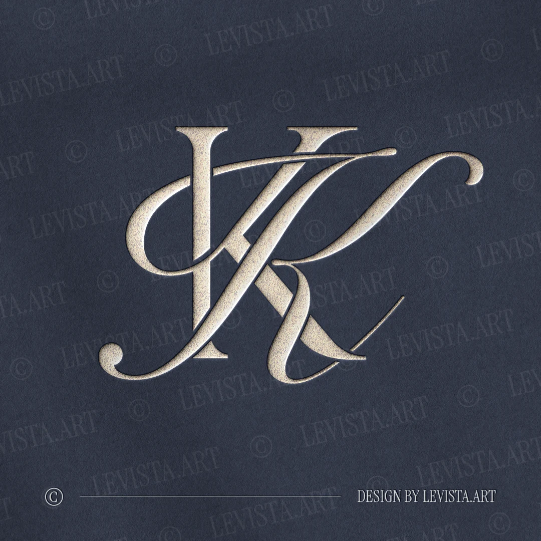 Silver KK letter logo as refined initials design in modern minimalist style on a dark blue background for premium wedding stationery suite, wax seals, embossing and foil stamping