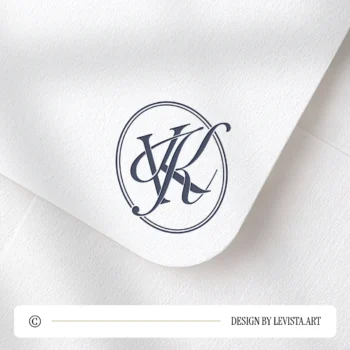 Blue KK logo design as stylish modern minimalist monogram on a light textured envelope for exquisite stationery suites, wedding décor and high-quality print