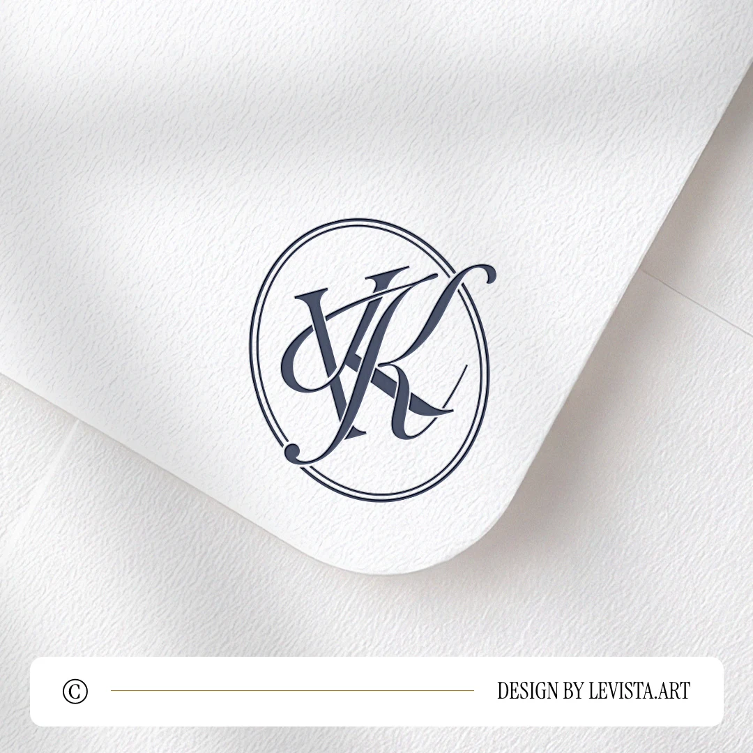 Blue KK logo design as stylish modern minimalist monogram on a light textured envelope for exquisite stationery suites, wedding décor and high-quality print