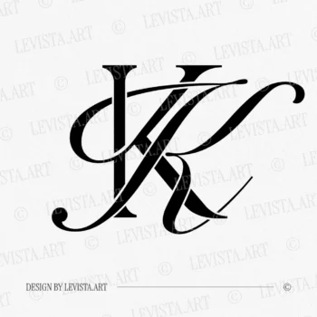 Black KK wedding logo with semi-bold interlocking letters in modern minimalism on a white background for refined stationery suite, embossing, quality letterpress and wax seals