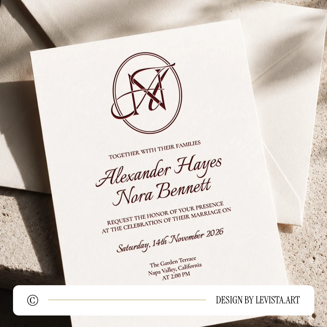 Rich burgundy NA and AN wedding monogram with elegant semi-bold interlocking N and A letters as premium modern initials logo design with couple names on an invitation card lying on a light envelope over sandstone for stationery suites, invites and letterpress