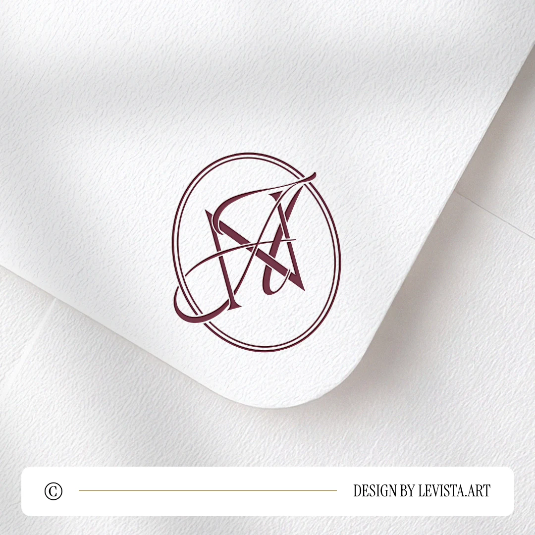 Rich burgundy NA and AN logo design as stylish modern minimalist monogram with interlock of semi-bold classic N and decorative A letters on a light textured envelope for wedding stationery suites, print and mailing
