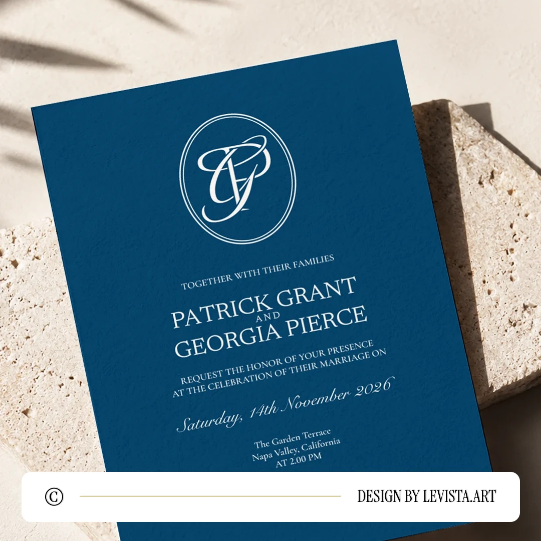 Rich blue PG and GP wedding monogram with elegant semi-bold interlocking P and G letters as premium modern initials logo design with couple names on an invitation card lying on a light grey sandstone for stationery suites, invites and letterpress