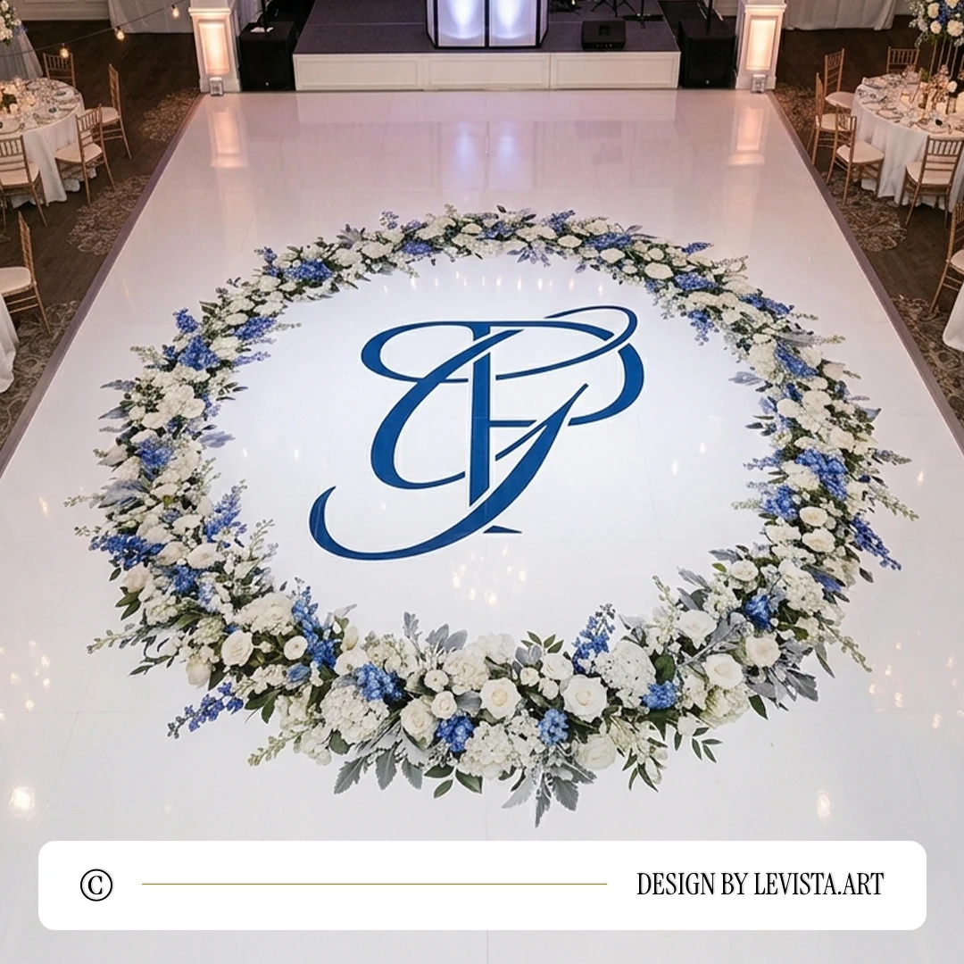 Rich blue PG and GP monogram in minimalist interlock with elegant semi-bold overlay of P and G letters as stylish modern lettermark design, encircled with a white-blue wedding garland on a dance floor for large-format vinyl printing and signs