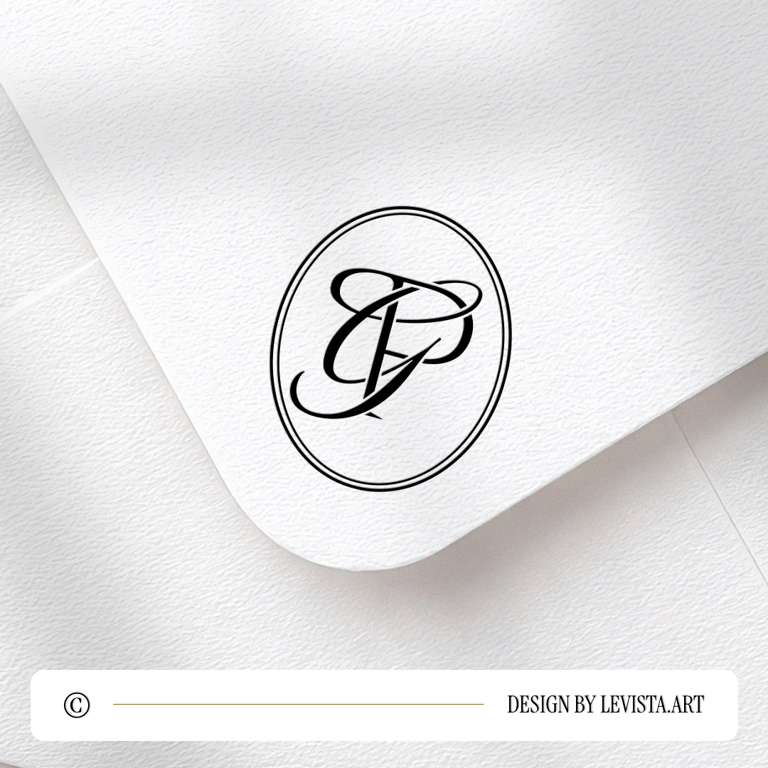 Rich black PG and GP logo design as stylish modern monogram with interlock of semi-bold minimalist P and G letters on a light textured envelope for wedding stationery suites, print and mailing