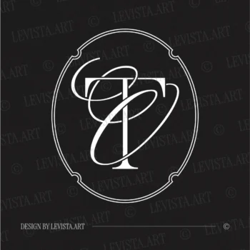 White TO and OT initials design as modern minimalist interlocking letter logo of straight T and artistic O on black background for sophisticated wedding stationery suite, gobo projections and floor wrap