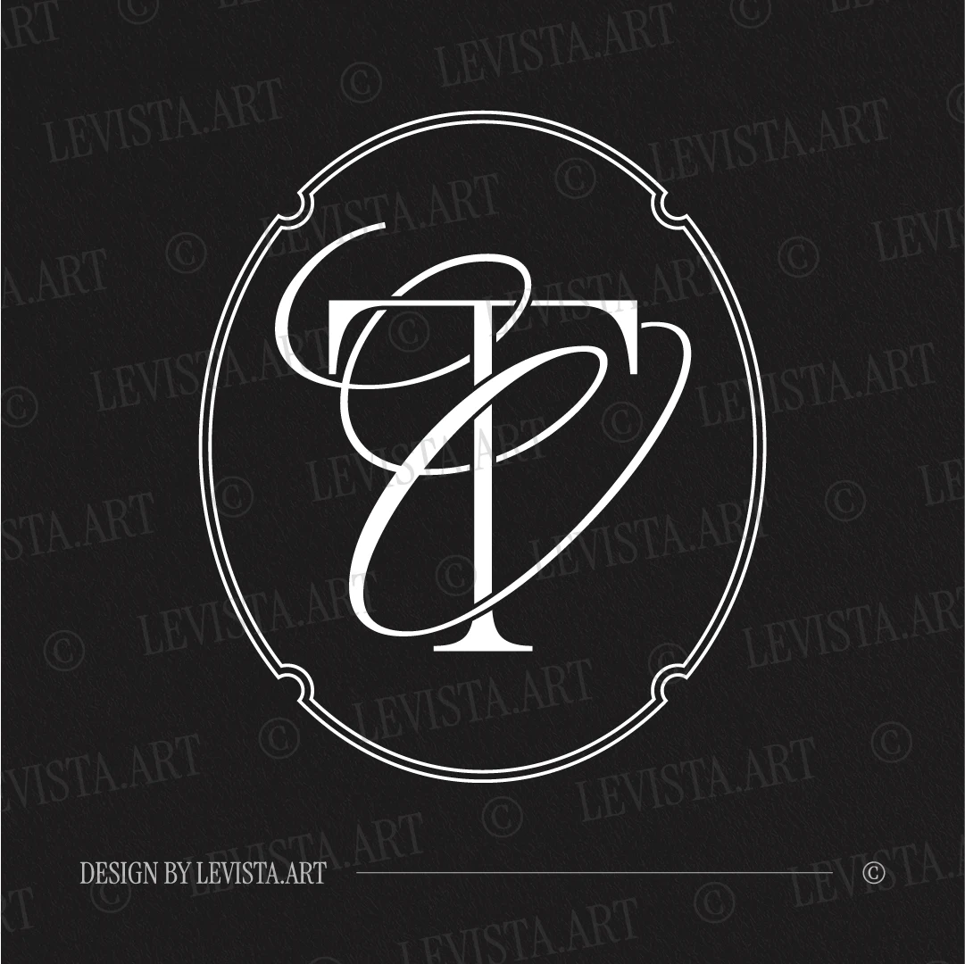 White TO and OT initials design as modern minimalist interlocking letter logo of straight T and artistic O on black background for sophisticated wedding stationery suite, gobo projections and floor wrap