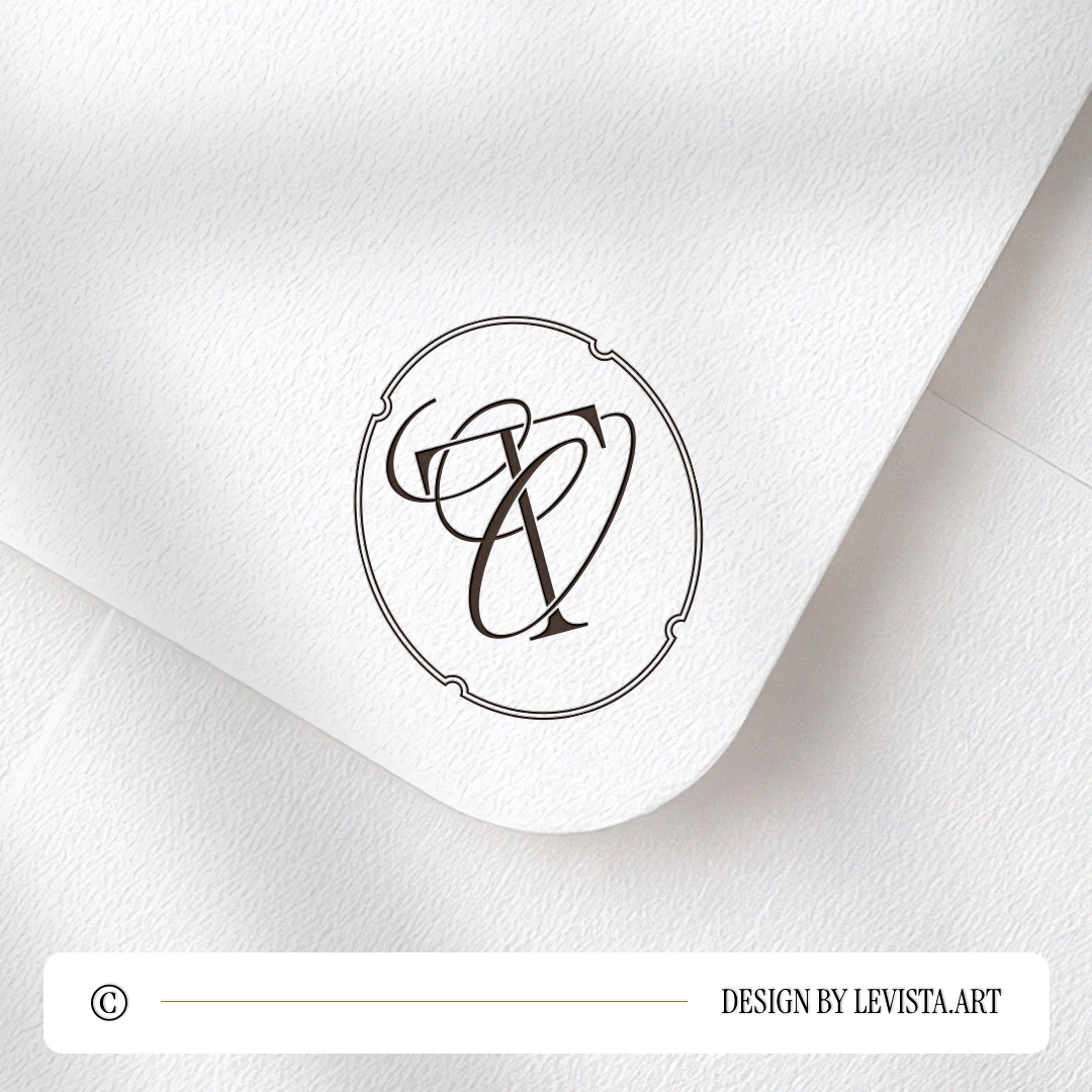 Coffee brown TO and OT logo design as stylish modern minimalist monogram on a light textured envelope for luxury stationery suites, wedding décor and high-quality print
