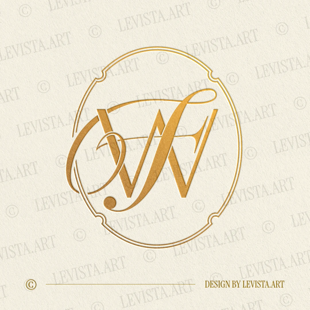 Gold WF and FW monogram logo as elegant interlocking lettermark design of straight W and artistic F letters in modern minimalist style for exquisite wedding stationery, wax seals, foil stamping, embossing and branding