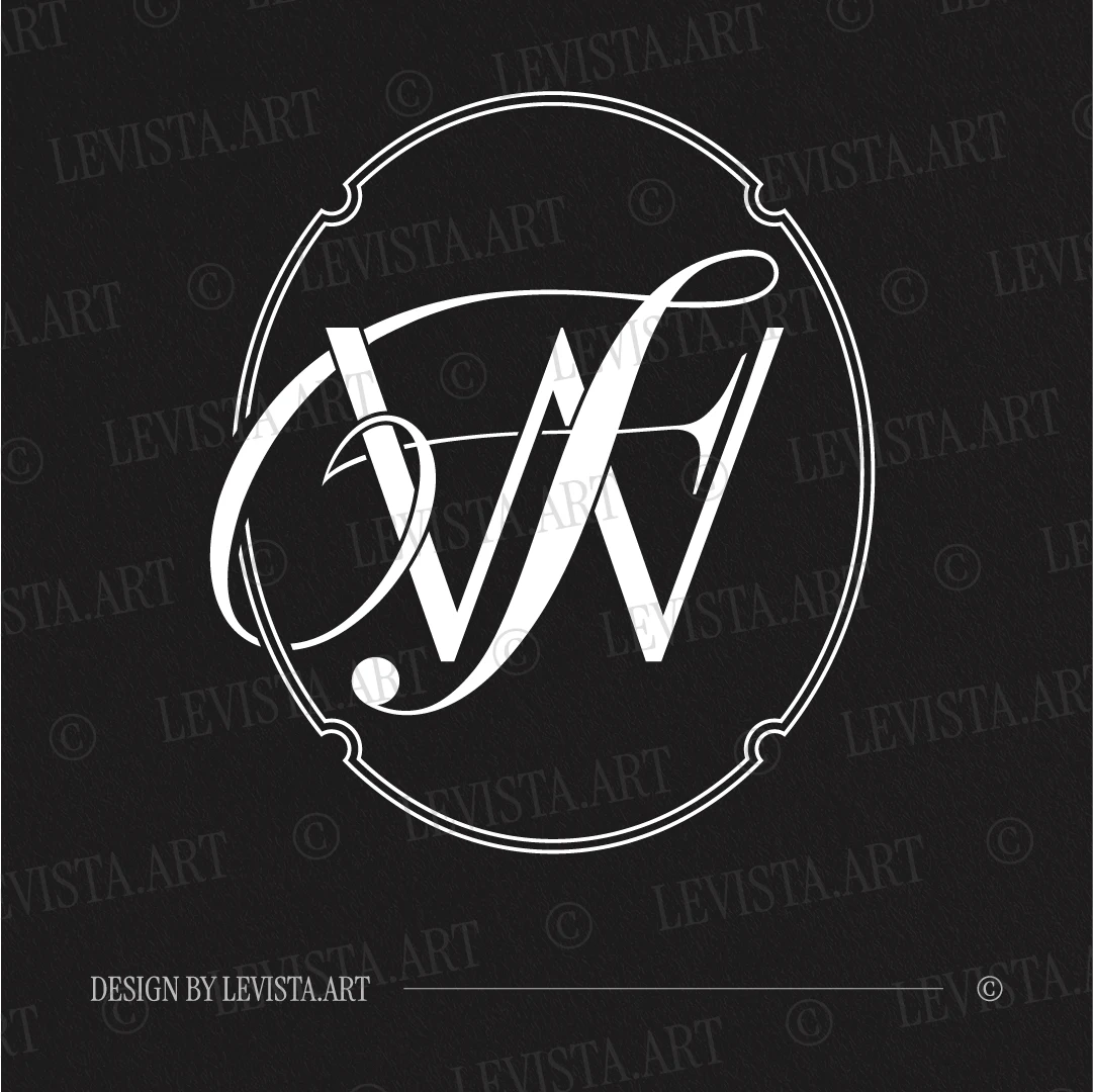 White WF and FW initials design as modern minimalist interlocking letter logo of straight W and artistic F on black background for premium wedding stationery suite, gobo projections and floor wrap