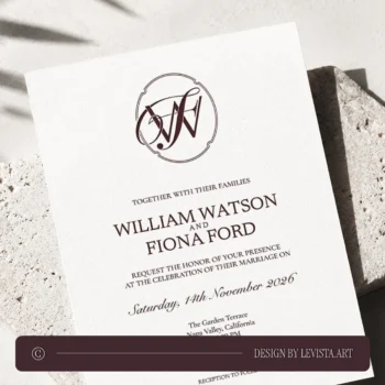 Dark burgundy WF and FW wedding monogram with elegant bold interlocking letters as premium modern initials logo design with couple names on an invitation card lying on a light grey sandstone for stylish stationery, invites, mailing and décor