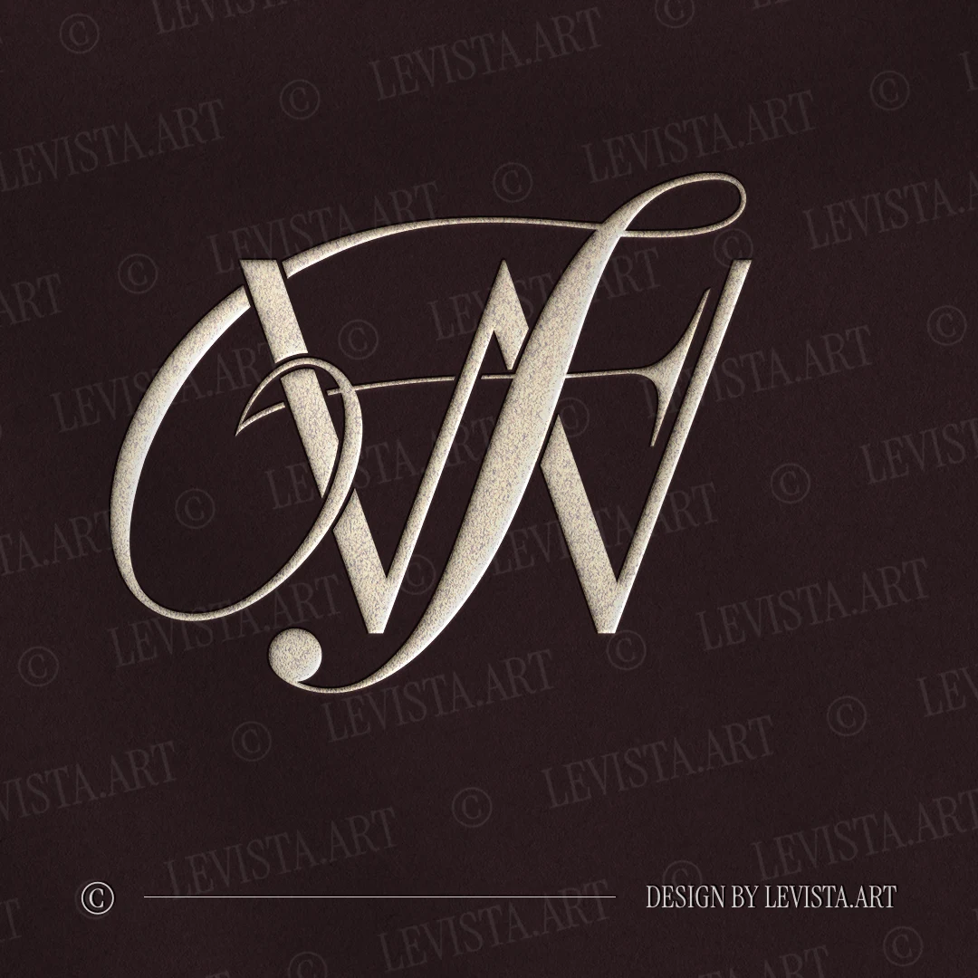 Silver WF and FW letter logo as refined initials design in modern minimalist style on a dark burgundy background for luxury wedding stationery suite, wax seals, embossing and foil stamping