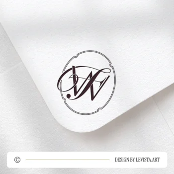 Dark burgundy WF and FW logo design as stylish modern minimalist monogram on a light textured envelope for refined stationery suites, wedding décor and high-quality print