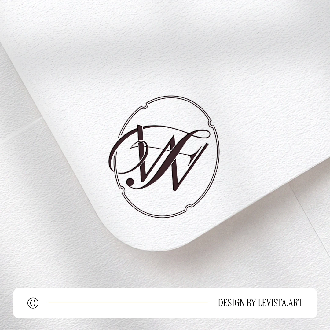 Dark burgundy WF and FW logo design as stylish modern minimalist monogram on a light textured envelope for refined stationery suites, wedding décor and high-quality print