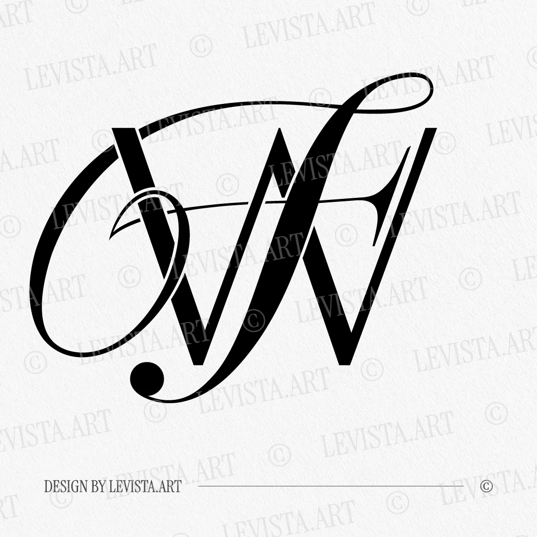 Black WF and FW wedding logo with elegant bold interlocking letters in modern minimalism on a white background for sophisticated stationery suite, embossing, quality letterpress and wax seals