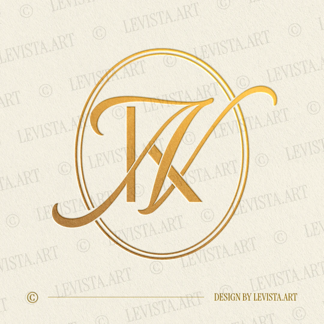 Gold KN and NK monogram logo as elegant interlocking lettermark design of straight classic K and artistically curved N letters, in modern minimalist style for exquisite weddings and branding