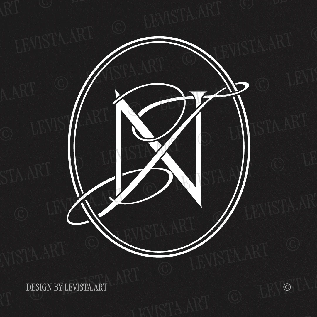 White NJ and JN initials design as modern interlocking letter logo of minimalist straight semi-bold N and decorative thin J on black background for foil stamping, gobo projections and floor wrap