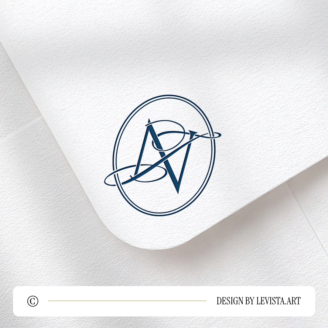 Navy blue NJ and JN logo design as stylish modern minimalist monogram with letter interlock of classic semi-bold N and decorative thin J on a light textured envelope for wedding stationery suites, print and mailing