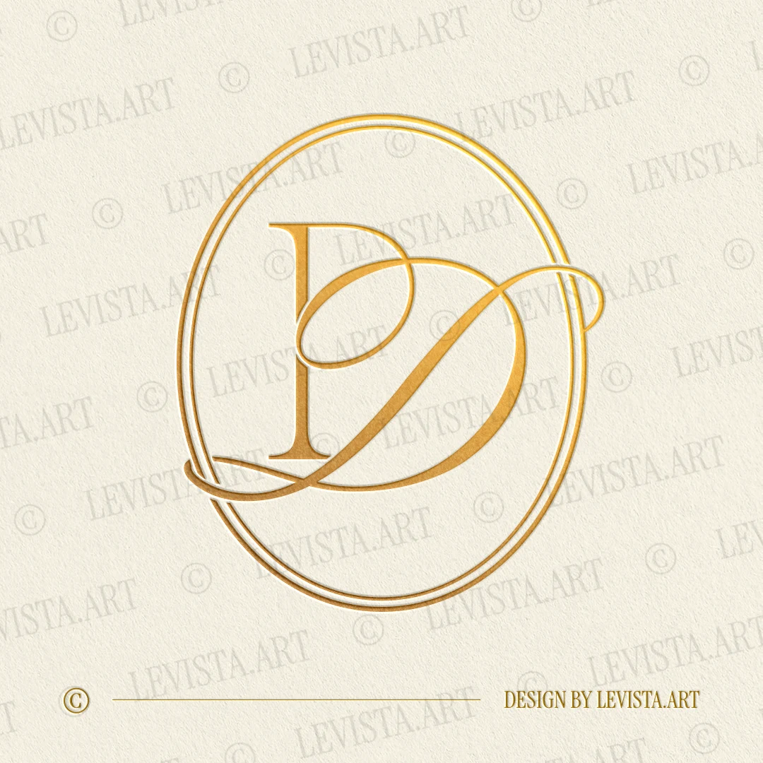 Gold PD monogram logo as elegant interlocking lettermark design of straight P and artistic D letters, in modern minimalist style for exquisite weddings and branding