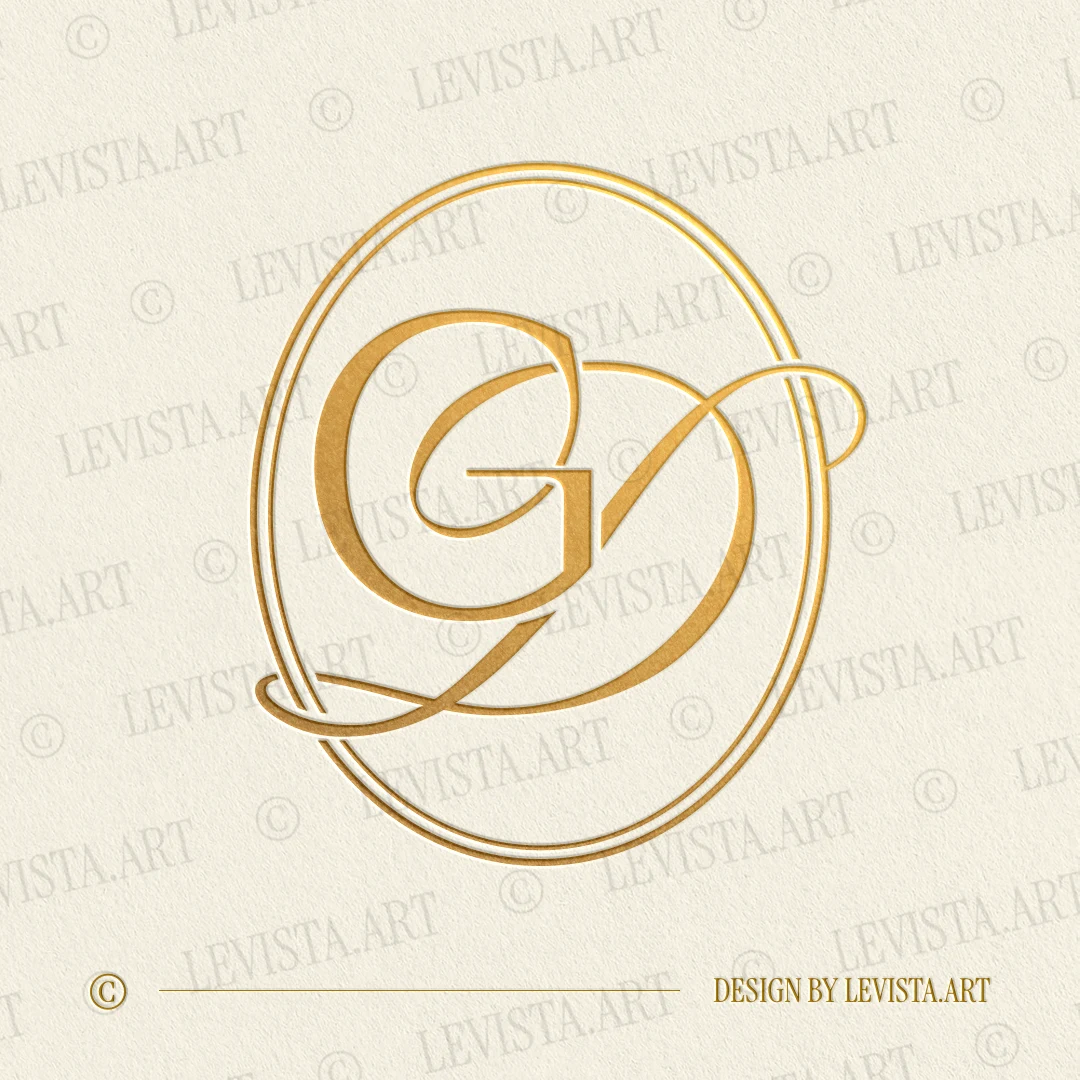 Gold GD and DG monogram logo as elegant interlocking lettermark design in modern minimalist style with classic geometric G and swirly curved decorative D letters, for exquisite weddings and branding