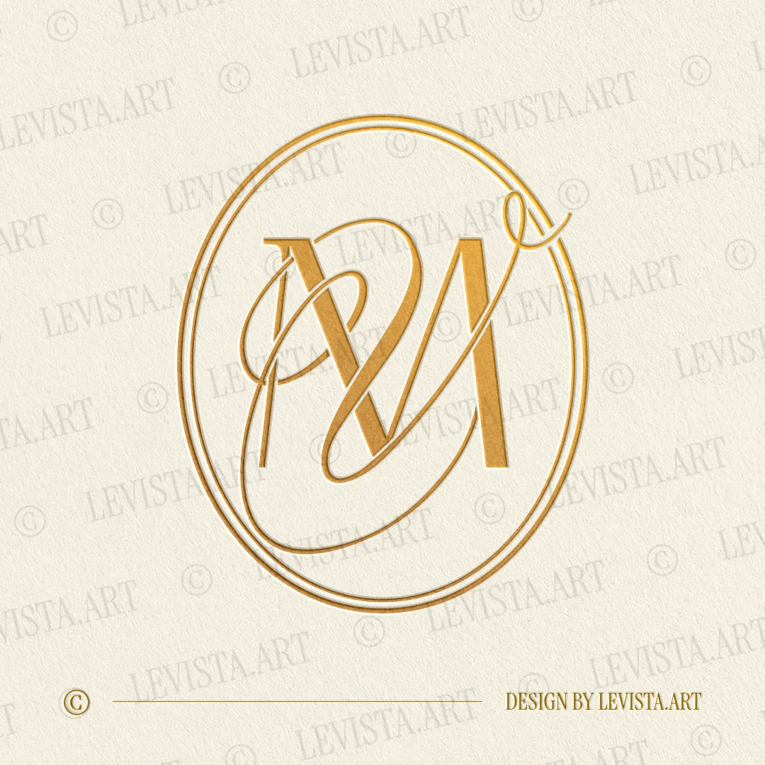 Gold MV and VM monogram logo as elegant interlocking lettermark design in modern minimalist style with straight classic M and decorative V letters, for exquisite weddings and branding